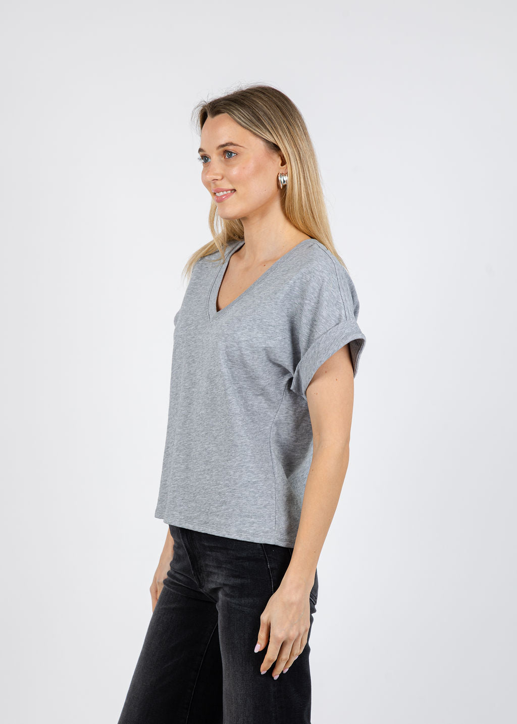 Nation Stevie Cuffed V-Neck Tee in  Heather Grey available at Barbara Katz