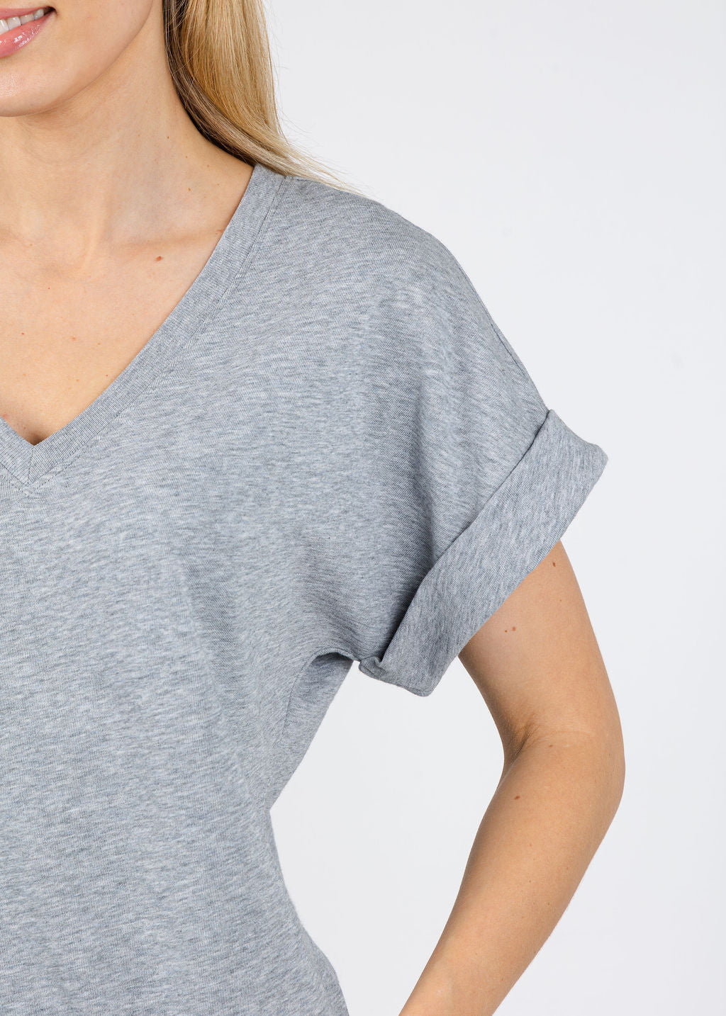 Nation Stevie Cuffed V-Neck Tee in  Heather Grey available at Barbara Katz