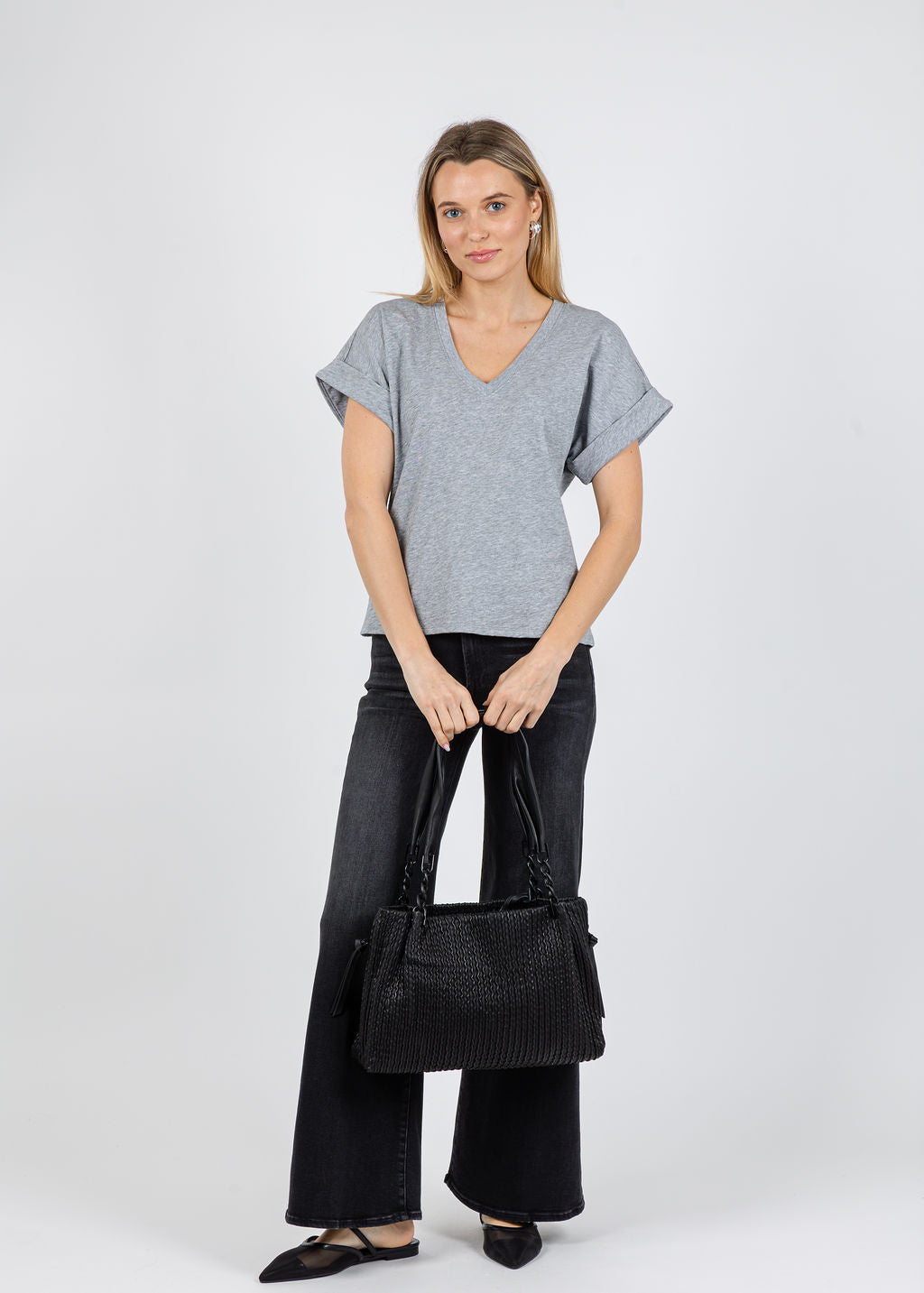Nation Stevie Cuffed V-Neck Tee in  Heather Grey available at Barbara Katz