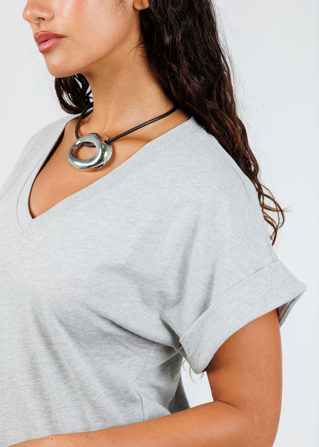Nation Stevie Cuffed V-Neck Tee in Heather Grey available at Barbara Katz