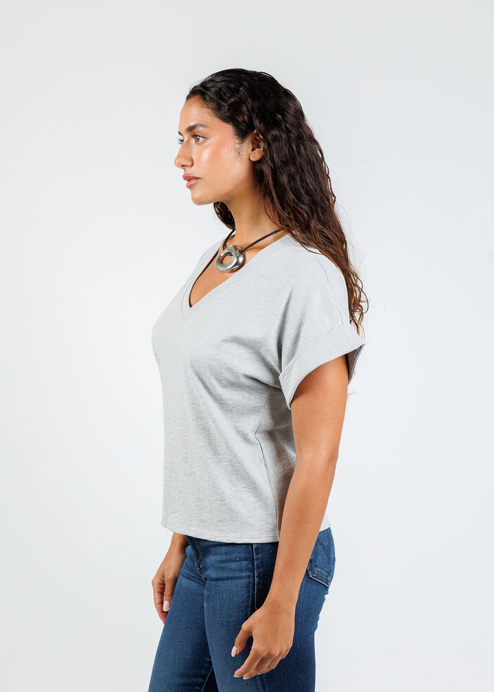 Nation Stevie Cuffed V-Neck Tee in Heather Grey available at Barbara Katz
