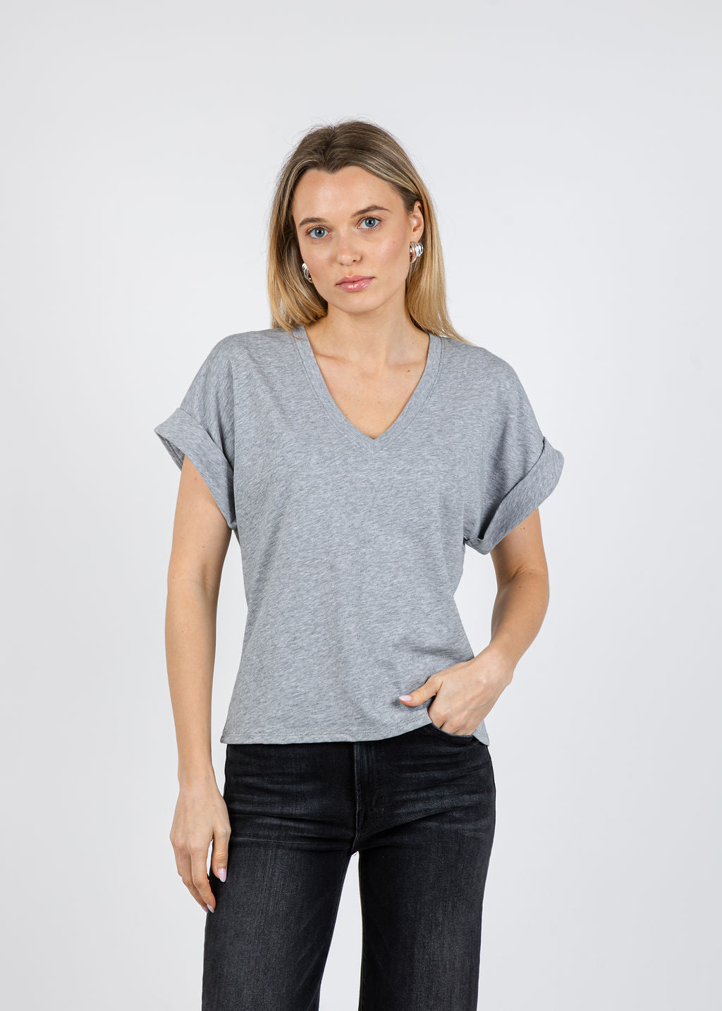 Nation Stevie Cuffed V-Neck Tee in  Heather Grey available at Barbara Katz