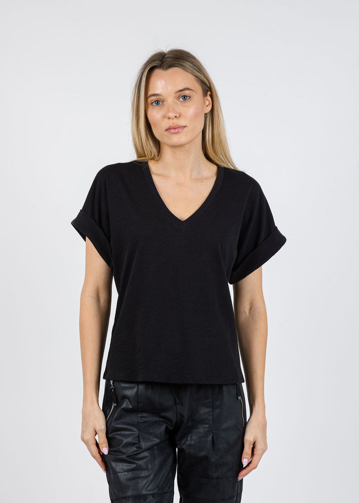 Nation Stevie Cuffed V-Neck Tee in Jet Black available at Barbara Katz