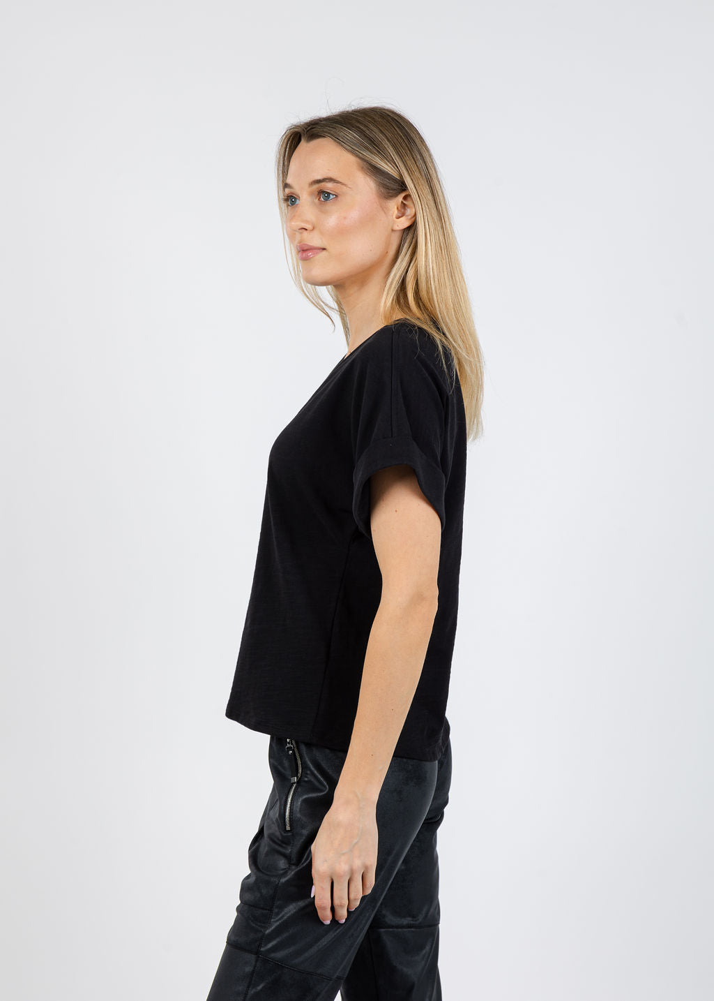 Nation Stevie Cuffed V-Neck Tee in Jet Black available at Barbara Katz