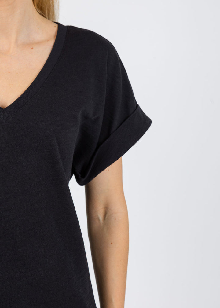 Nation Stevie Cuffed V-Neck Tee in Jet Black available at Barbara Katz