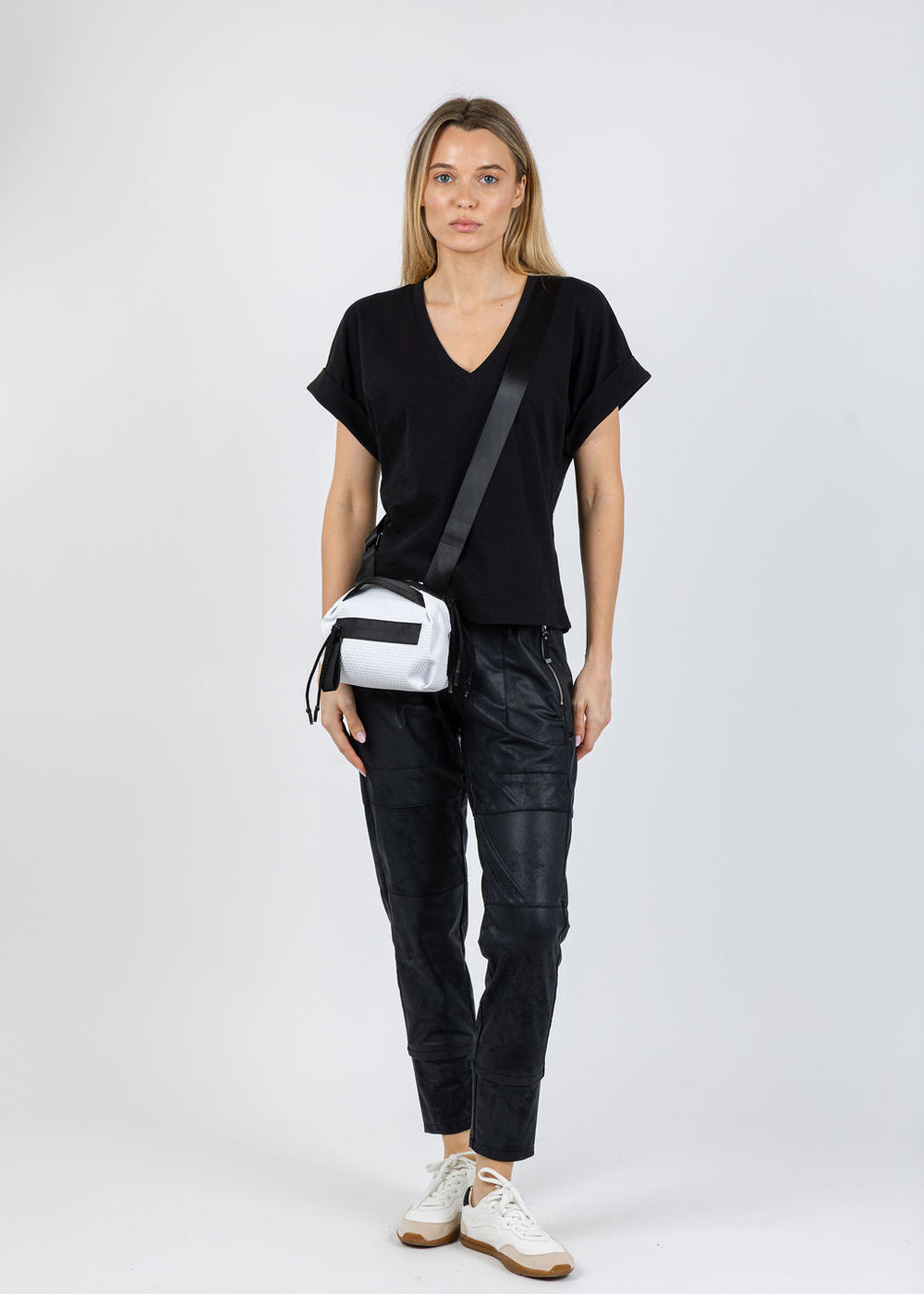 Nation Stevie Cuffed V-Neck Tee in Jet Black available at Barbara Katz
