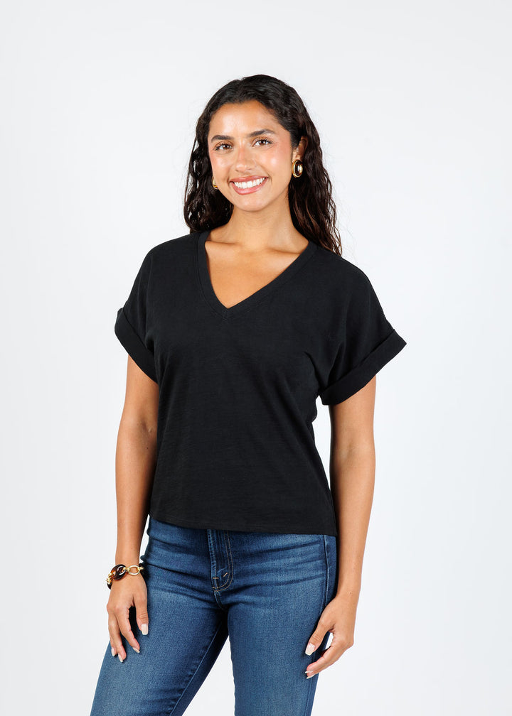 Nation Stevie Cuffed V-Neck Tee in Jet Black available at Barbara Katz