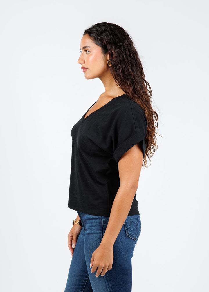 Nation Stevie Cuffed V-Neck Tee in Jet Black available at Barbara Katz