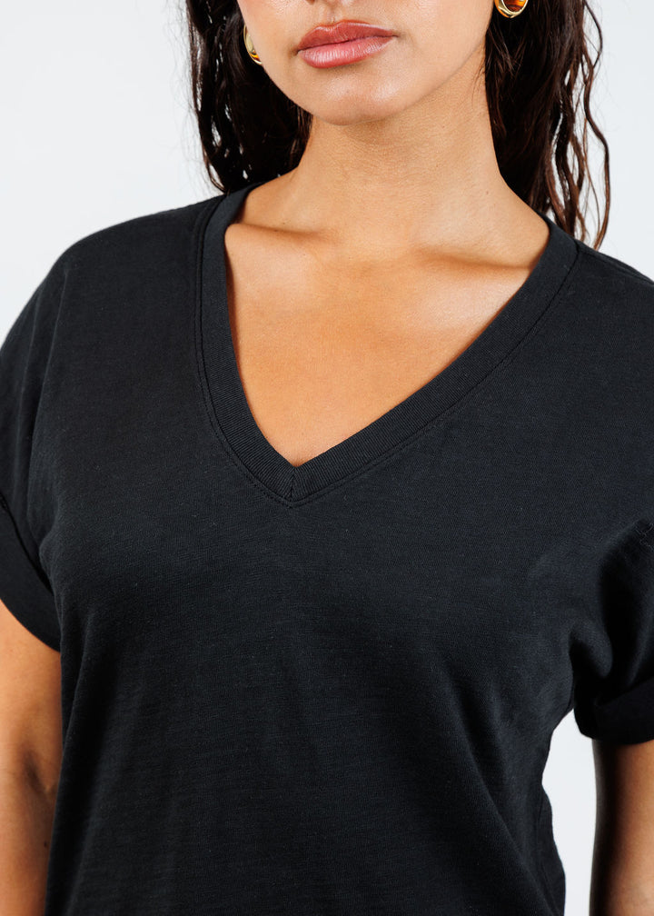 Nation Stevie Cuffed V-Neck Tee in Jet Black available at Barbara Katz