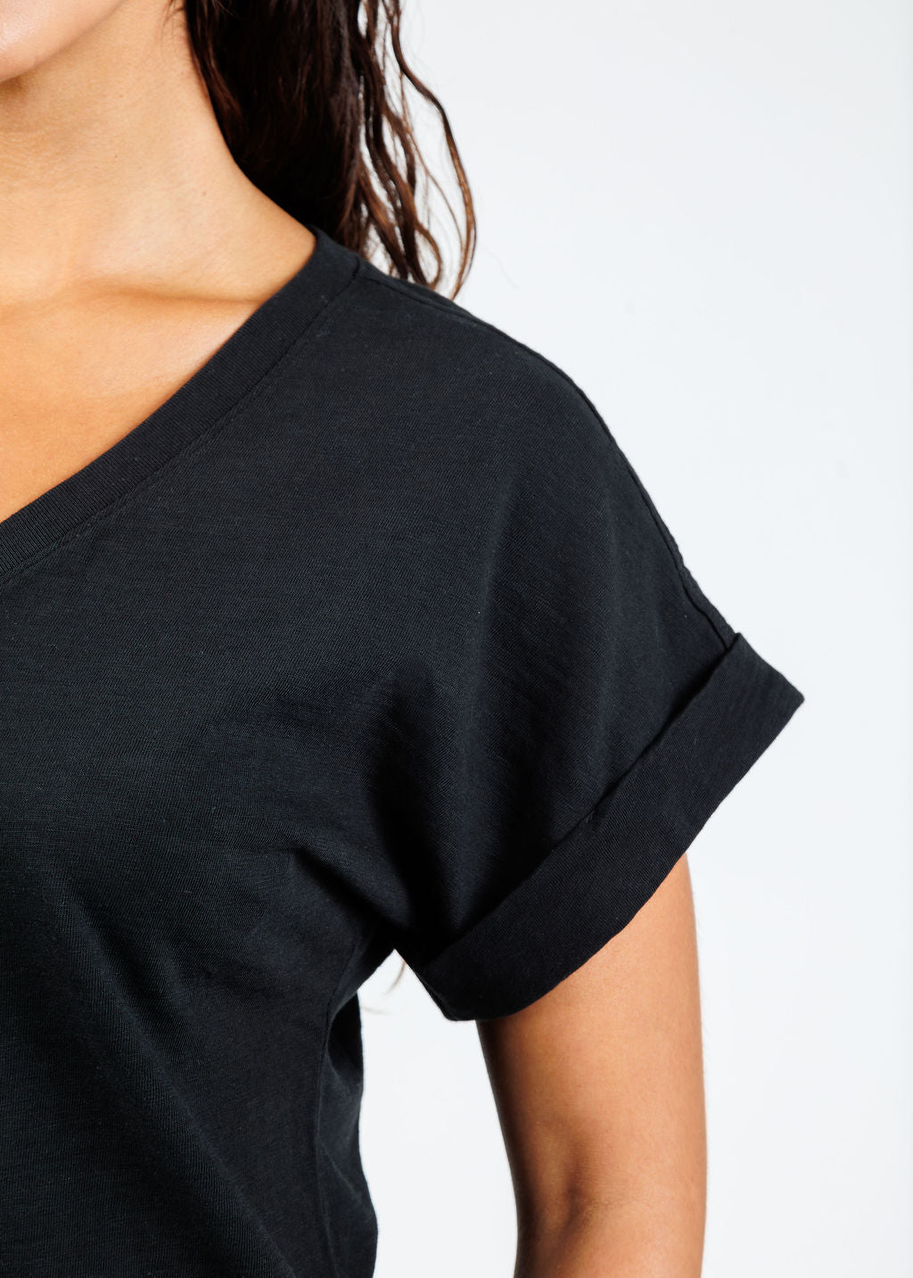 Nation Stevie Cuffed V-Neck Tee in Jet Black available at Barbara Katz