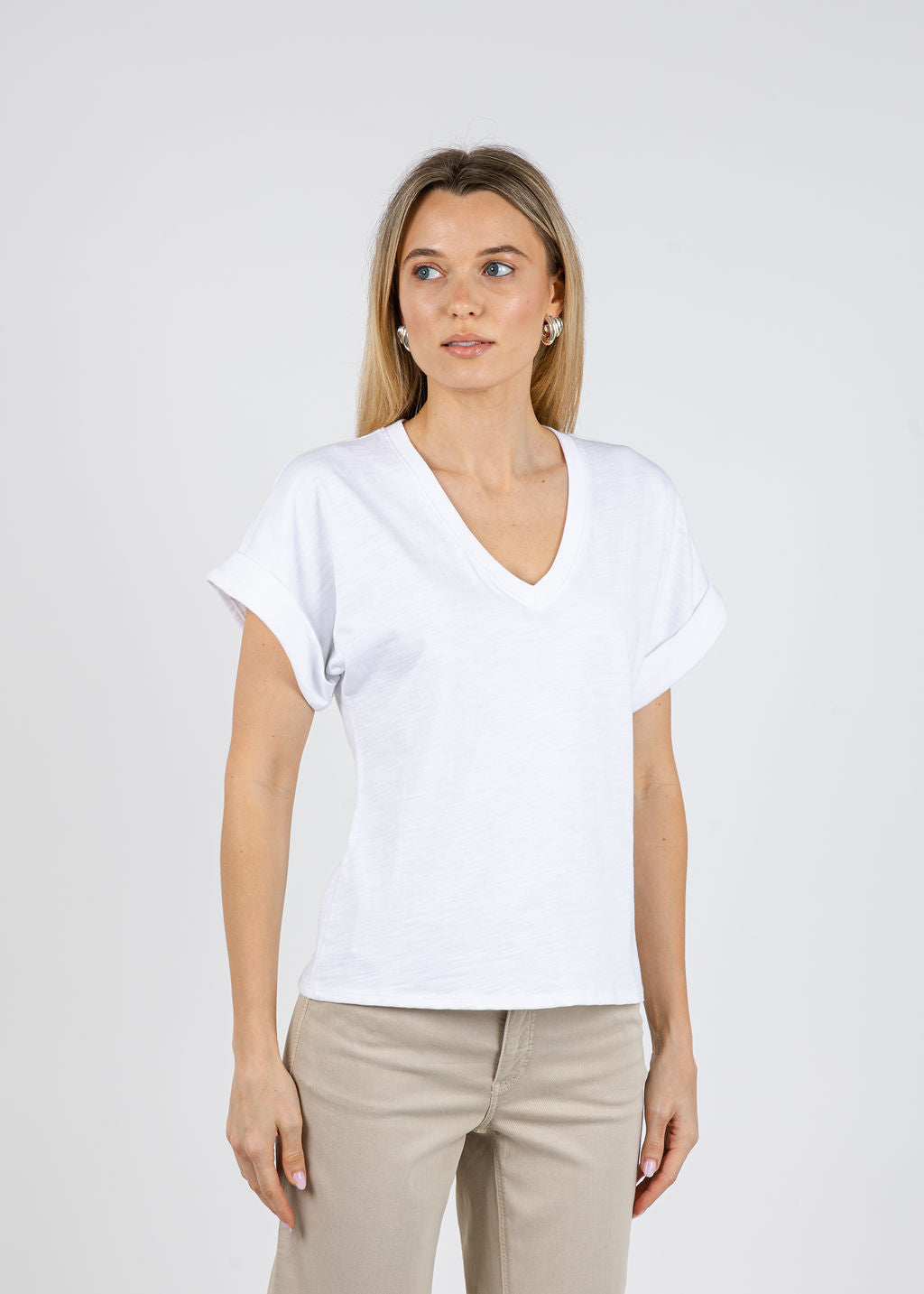 Nation Stevie Cuffed V-Neck Tee in Optic White available at Barbara Katz