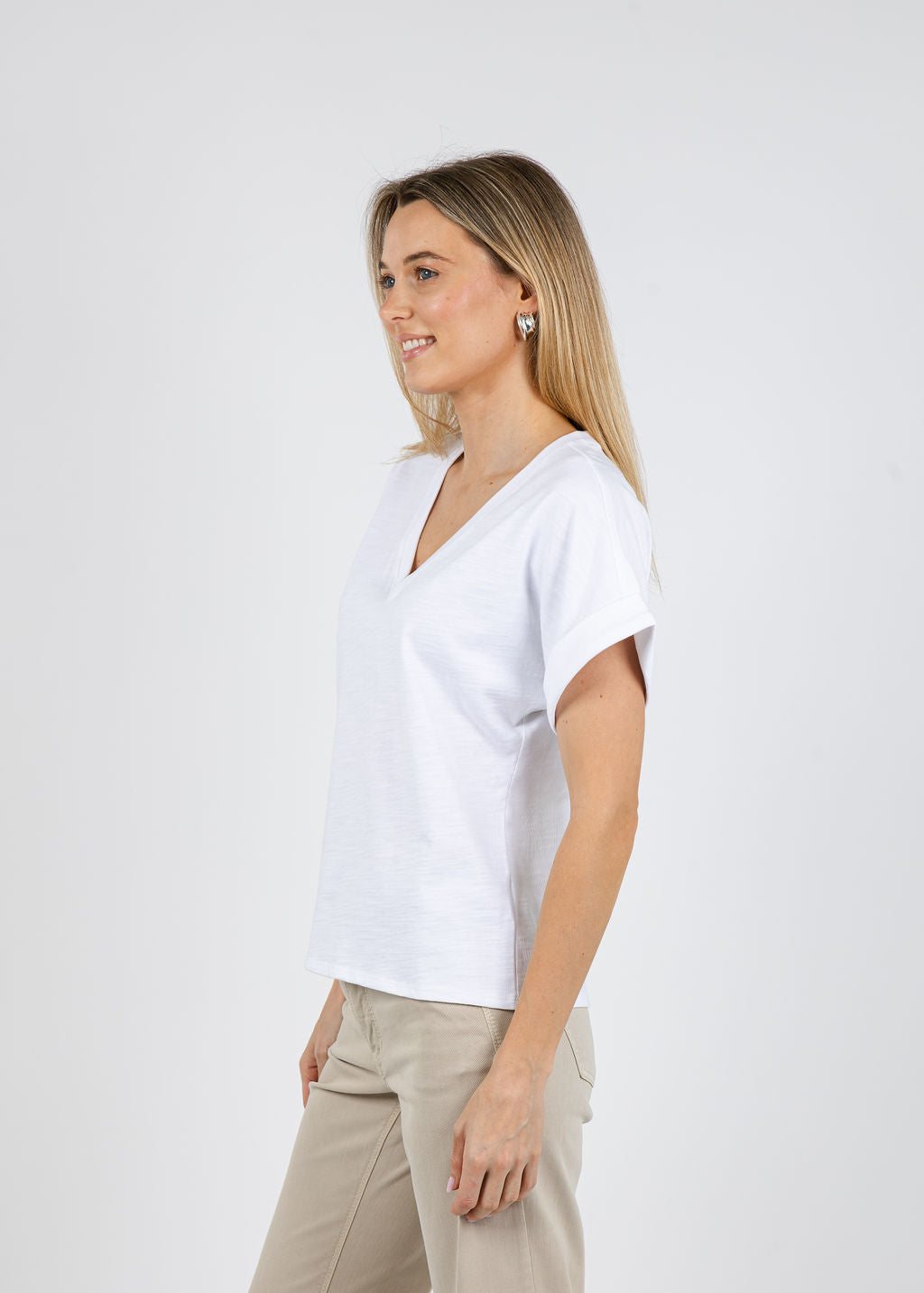 Nation Stevie Cuffed V-Neck Tee in Optic White available at Barbara Katz