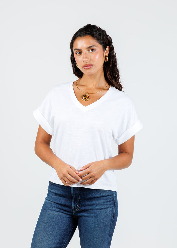 Nation Stevie Cuffed V-Neck Tee in Optic White available at Barbara Katz