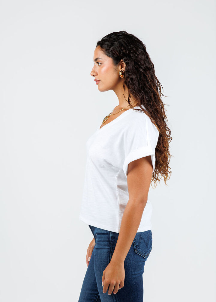 Nation Stevie Cuffed V-Neck Tee in Optic White available at Barbara Katz