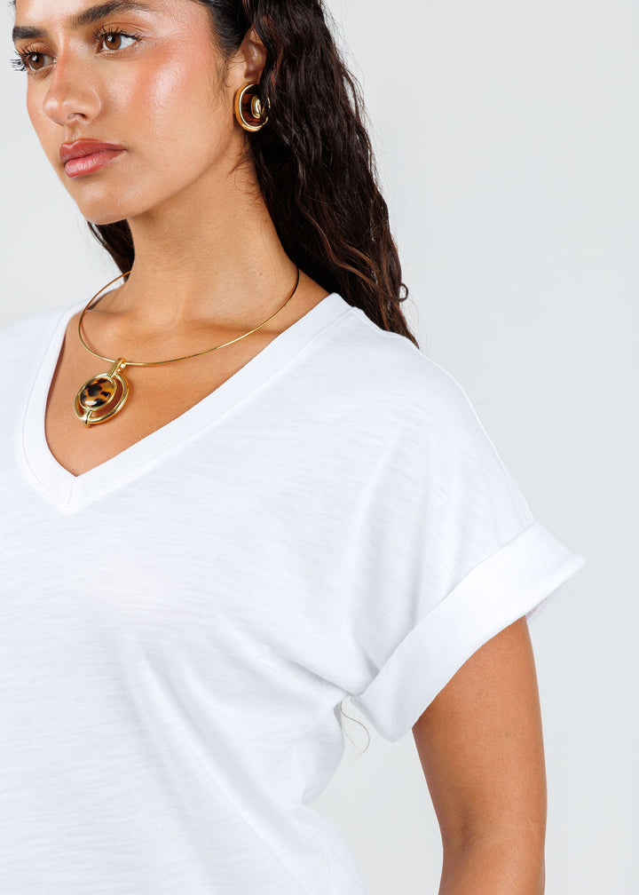 Nation Stevie Cuffed V-Neck Tee in Optic White available at Barbara Katz