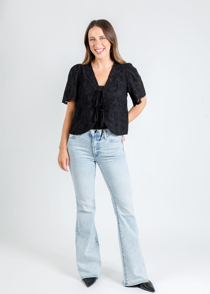 Nation Los Angeles Rosalyn Tie Front Top in Jet Black paired with Pistola Kinsley Ultra Flare Jeans in Serenity available at Barbara Katz