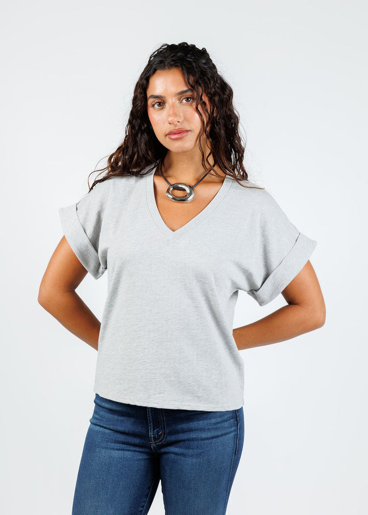 Nation Stevie Cuffed V-Neck Tee in Heather Grey available at Barbara Katz