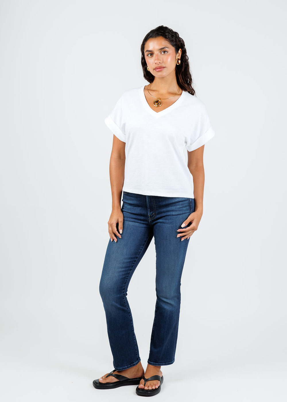 Nation Stevie Cuffed V-Neck Tee in Optic White available at Barbara Katz