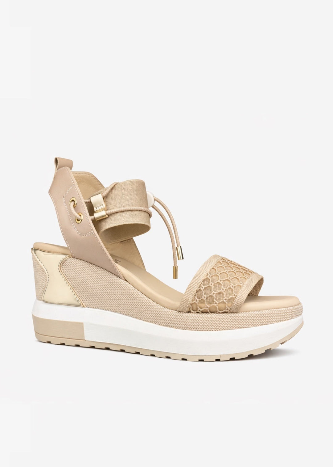 Nero Giardini Sabina Bungee Mesh Platform Wedge Sandals in Nude/Gold available at Barbara Katz