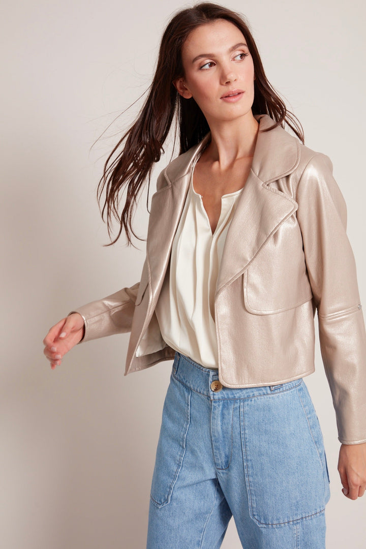 Adroit Atelier Ninon Short Vegan Leather Open Front Jacket in Metallic Beige available at Barbara Katz