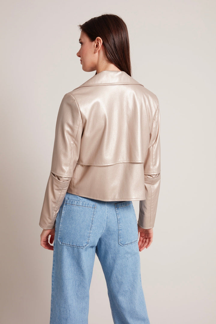 Adroit Atelier Ninon Short Vegan Leather Open Front Jacket in Metallic Beige available at Barbara Katz