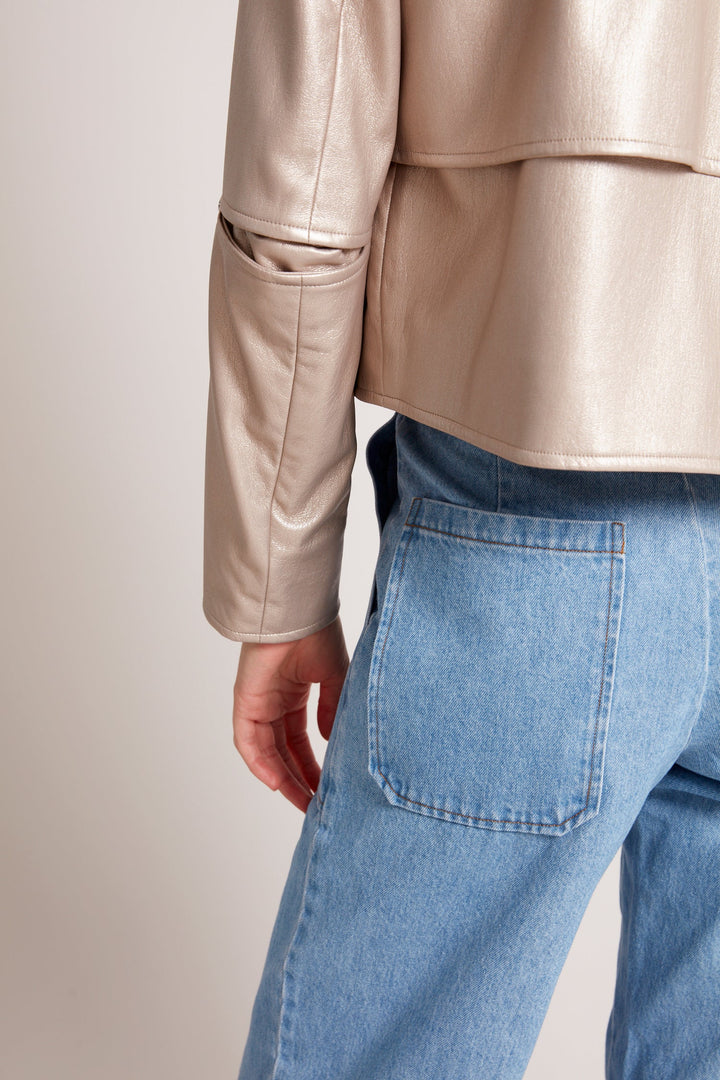 Adroit Atelier Ninon Short Vegan Leather Open Front Jacket in Metallic Beige available at Barbara Katz