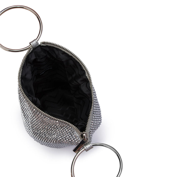 Olga Berg Ellie Crystal Mesh Handle Bag in Silver available at Barbara Katz