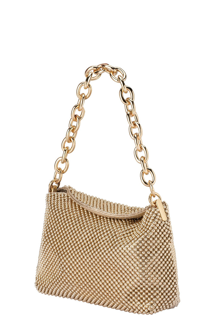 Olga Berg Skylar Ball Mesh Bag in Gold available at Barbara Katz