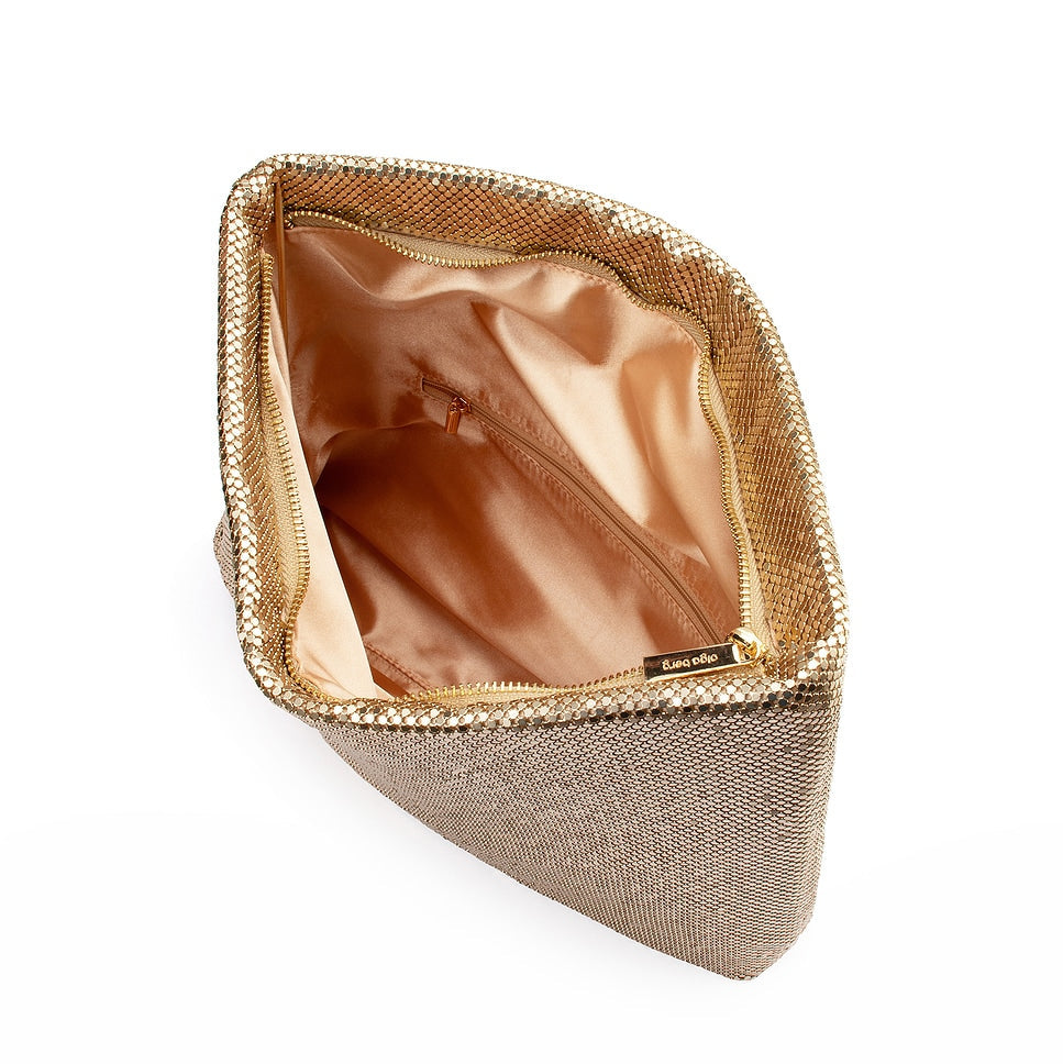 Olga Berg Clem Oversized Mesh Clutch Bag in Gold available at Barbara Katz