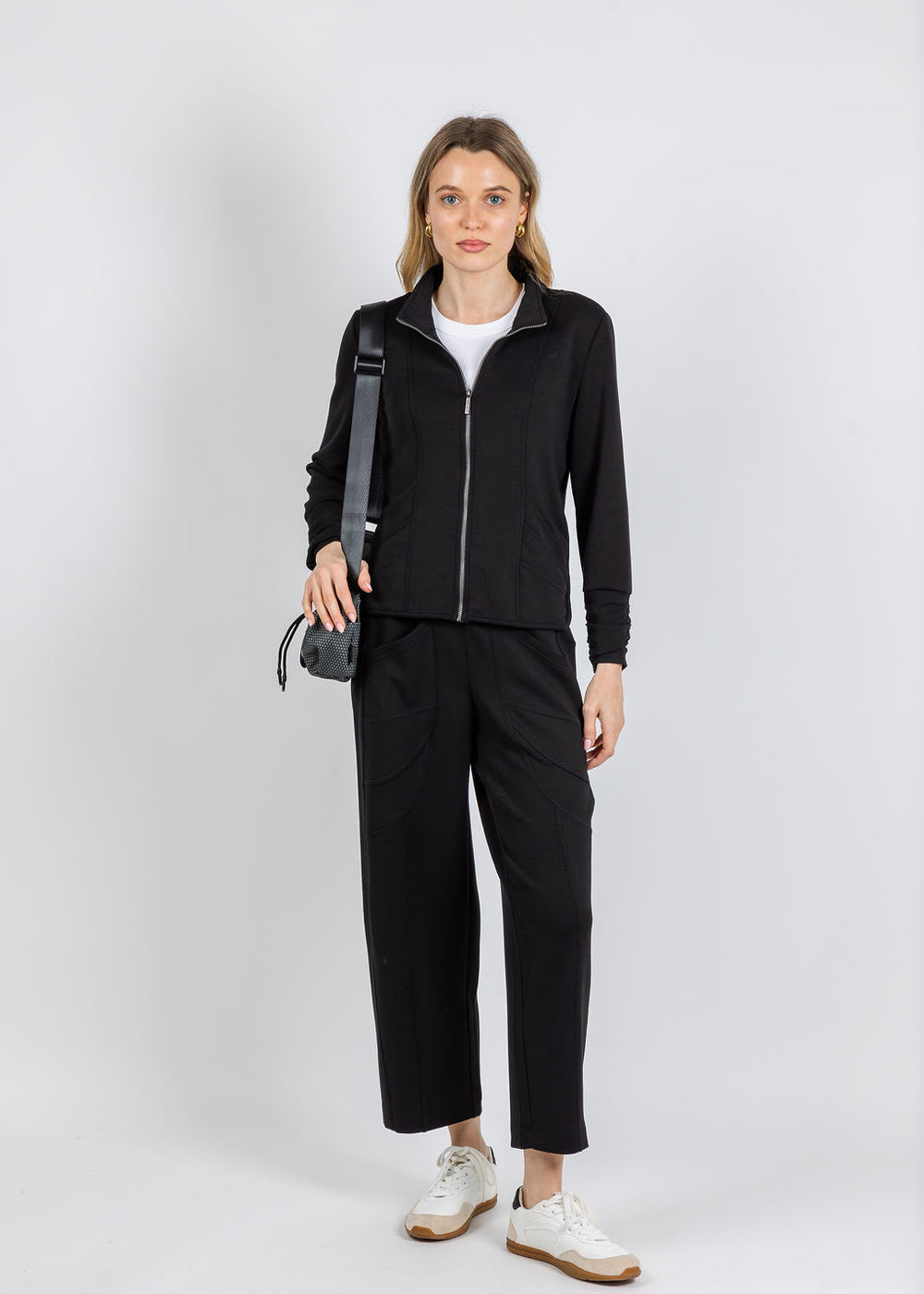 Olivia by Habitat Border Stitch Zip Jacket & Pants in Black available at Barbara Katz