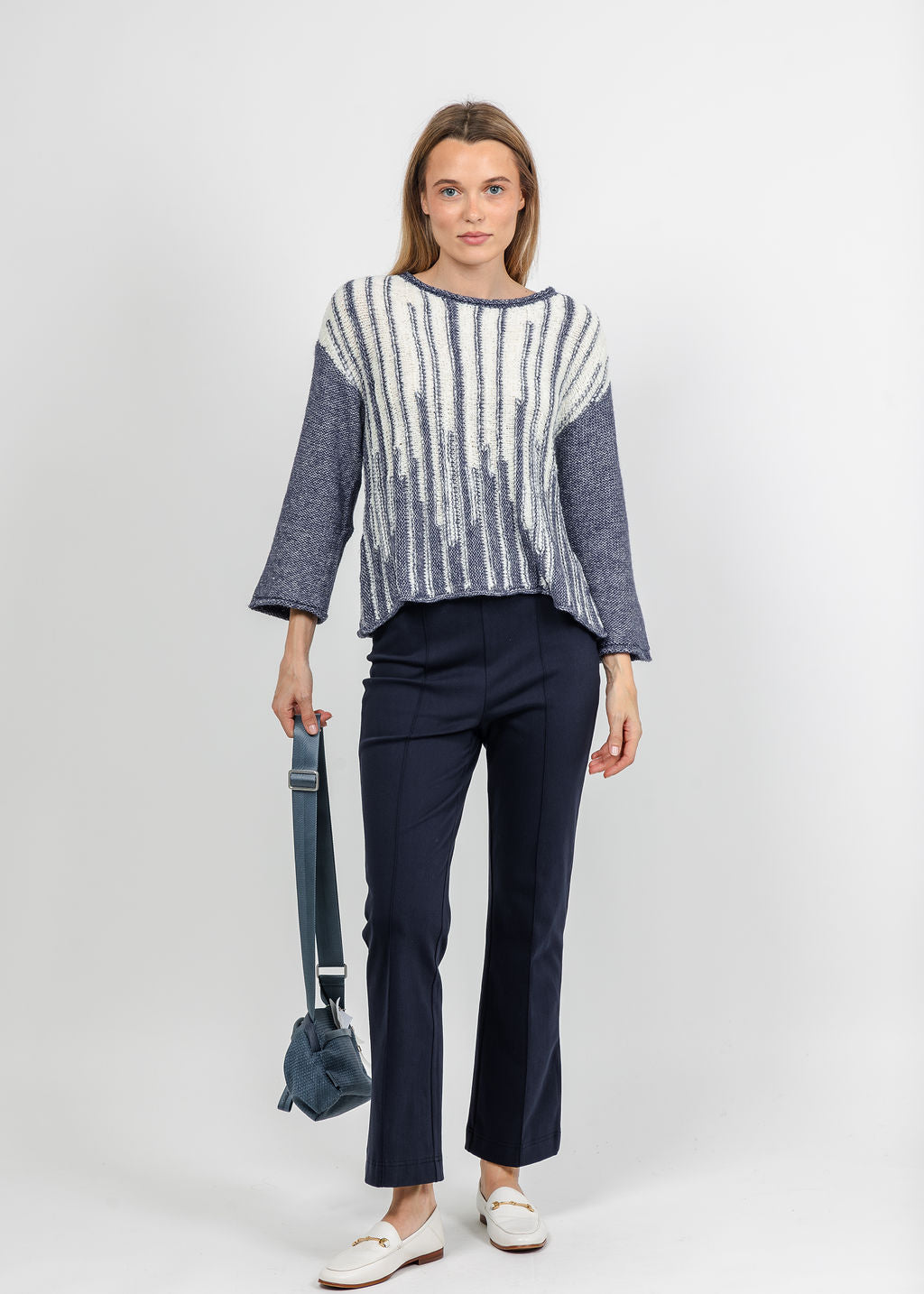 Olivia by Habitat Cloud Nine Pullover Sweater in Denim paired with Denim Kick FLare Pant in Navy available at Barbara Katz