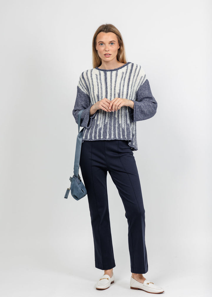 Olivia by Habitat Cloud Nine Pullover Sweater in Denim paired with Denim Kick FLare Pant in Navy available at Barbara Katz