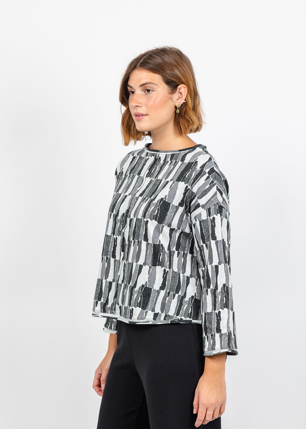 Olivia by Habitat Jigsaw Blocks Rolled Edge Pullover Sweater in Gray available at Barbara Katz