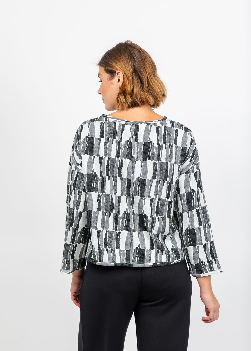 Olivia by Habitat Jigsaw Blocks Rolled Edge Pullover Sweater in Gray available at Barbara Katz