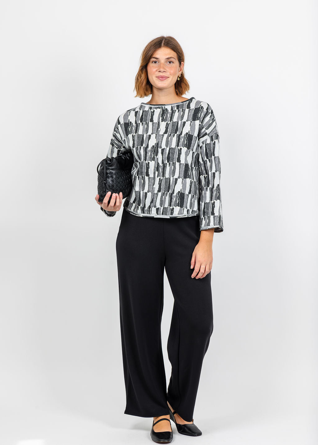 Olivia by Habitat Jigsaw Blocks Rolled Edge Pullover Sweater in Gray available at Barbara Katz