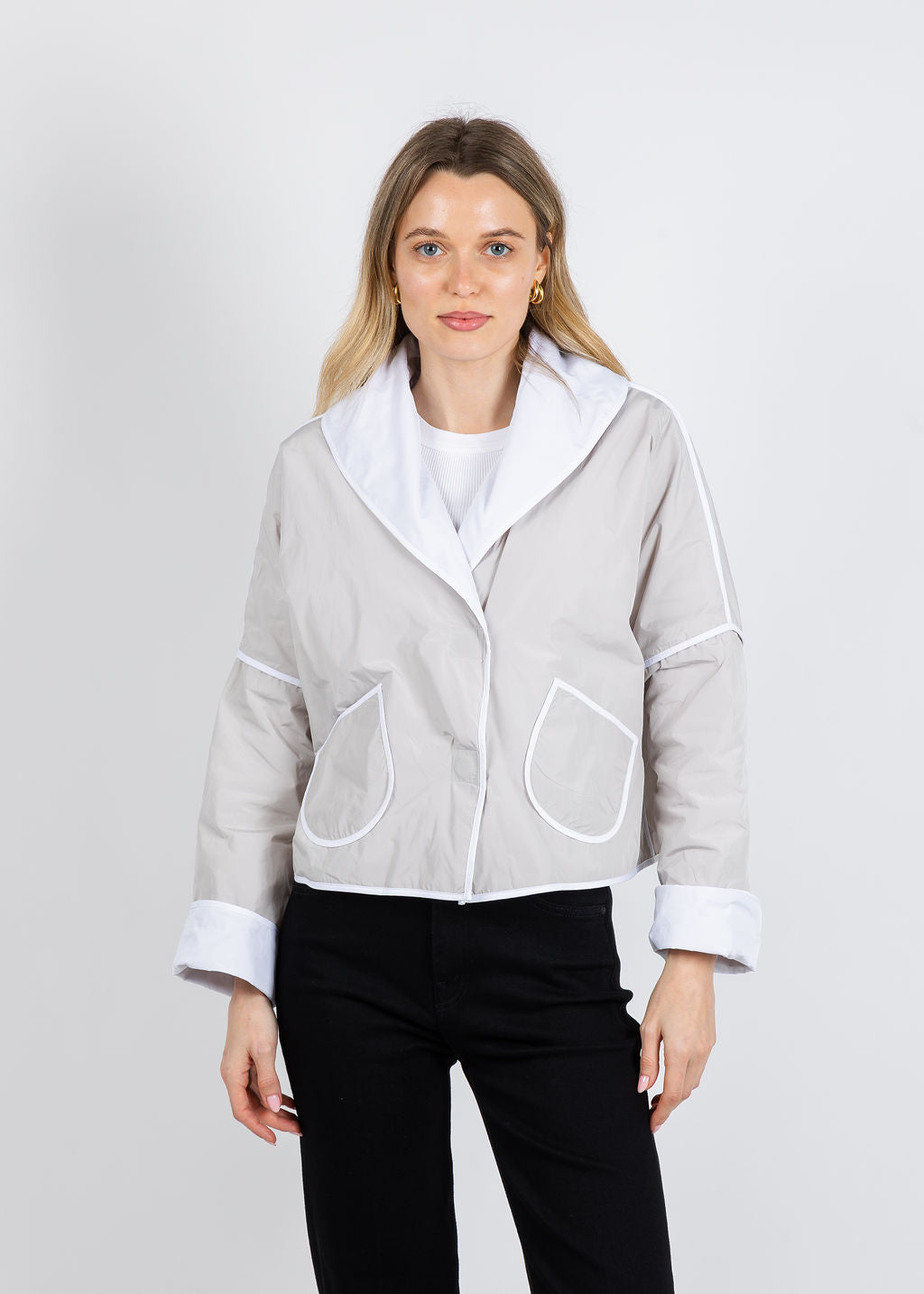 Olivia by Habitat Magnetic Taffeta Jacket in Sand available at Barbara Katz