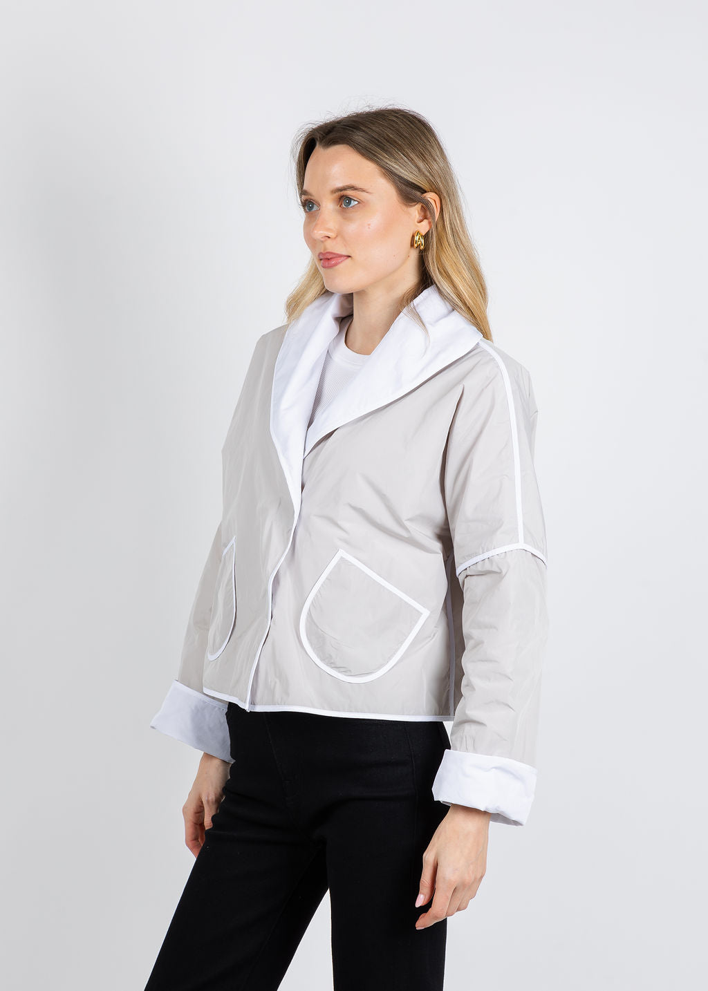 Olivia by Habitat Magnetic Taffeta Jacket in Sand available at Barbara Katz