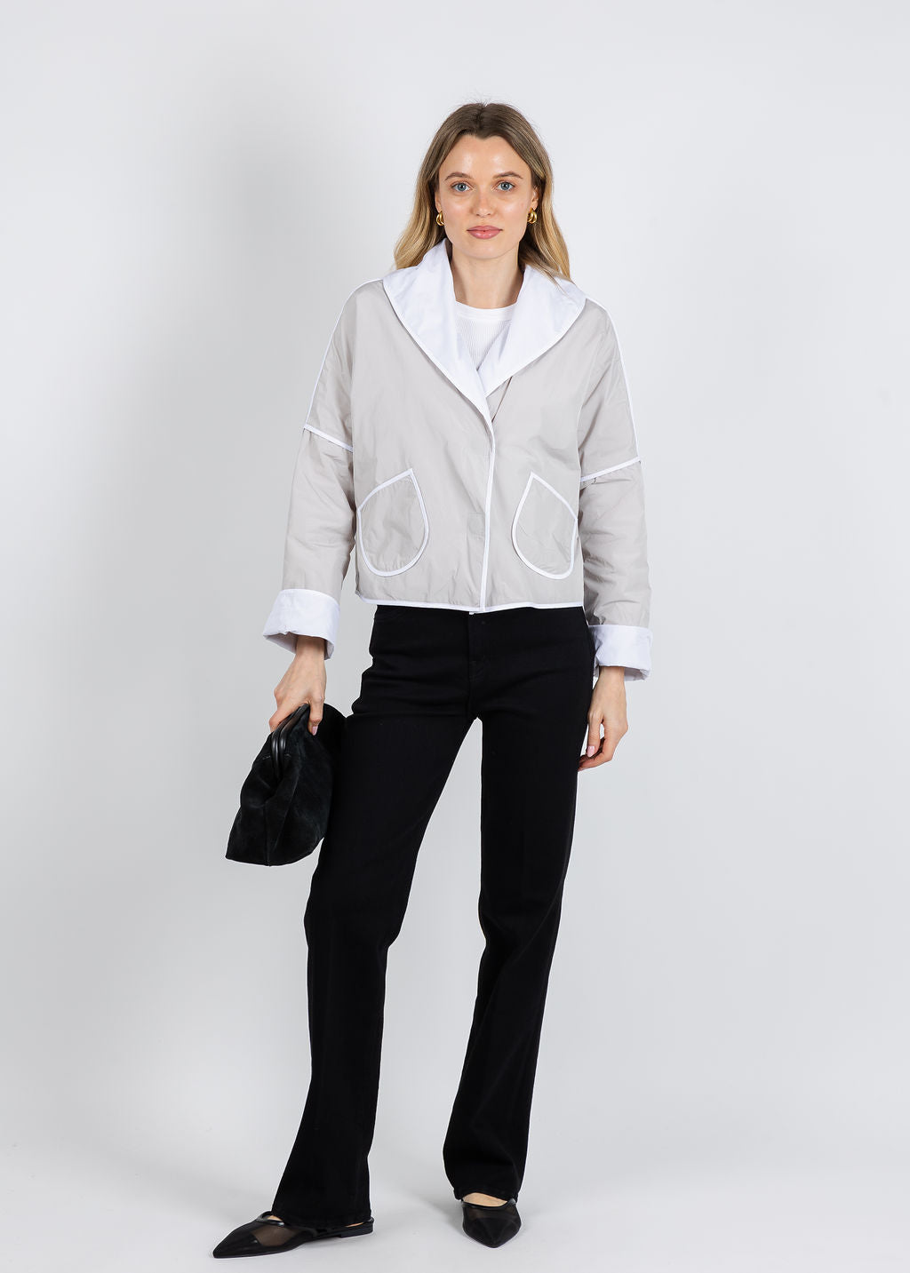 Olivia by Habitat Magnetic Taffeta Jacket in Sand available at Barbara Katz