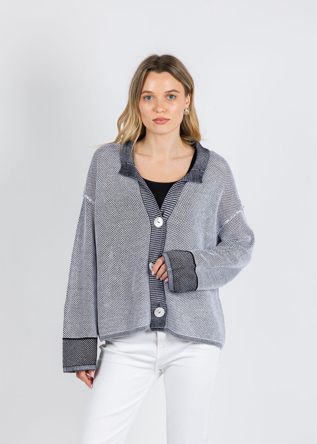 Olivia by Habitat Mesh Stitch Stay Centered Cardigan in Black available at Barbara Katz