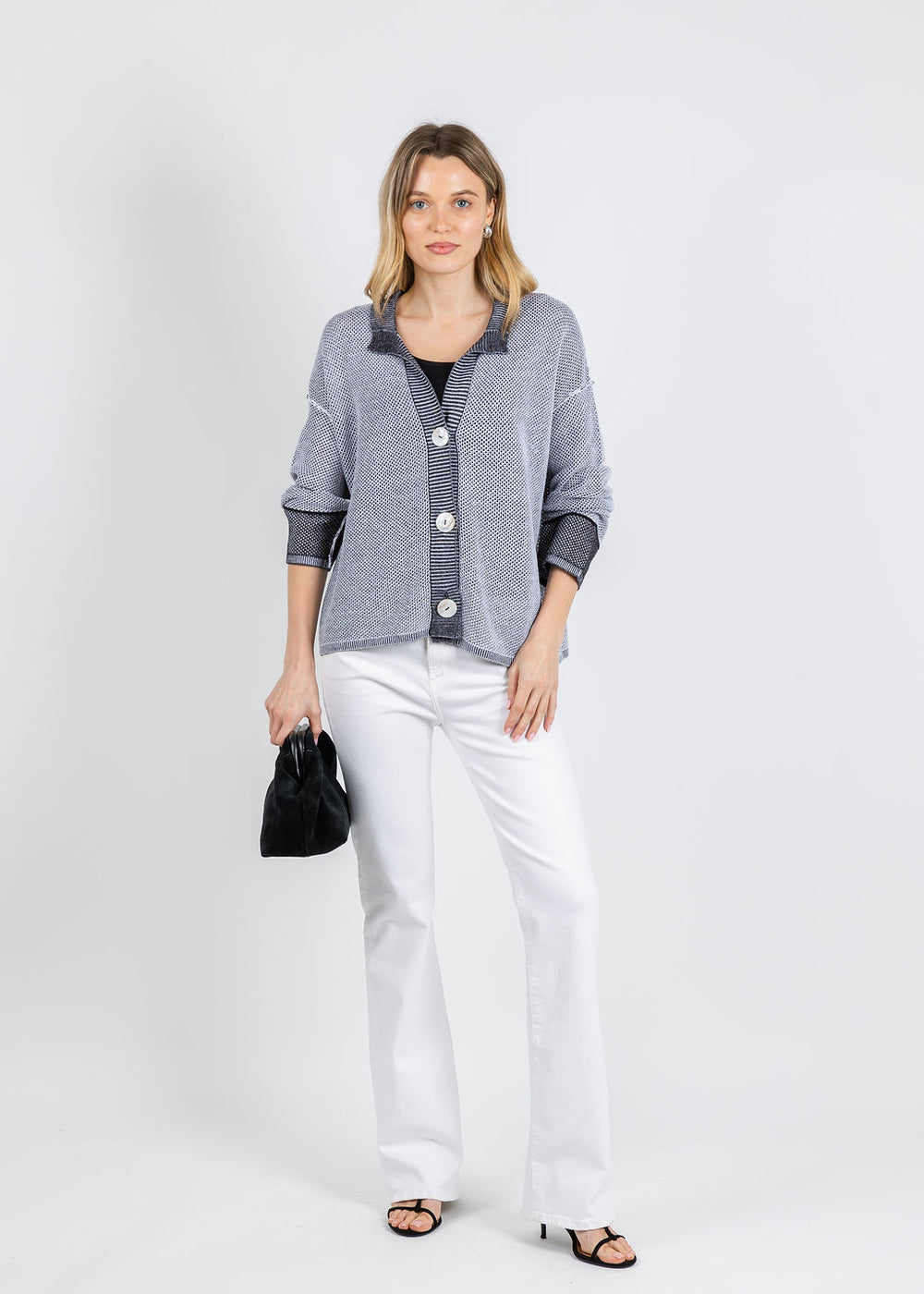 Olivia by Habitat Mesh Stitch Stay Centered Cardigan in Black available at Barbara Katz