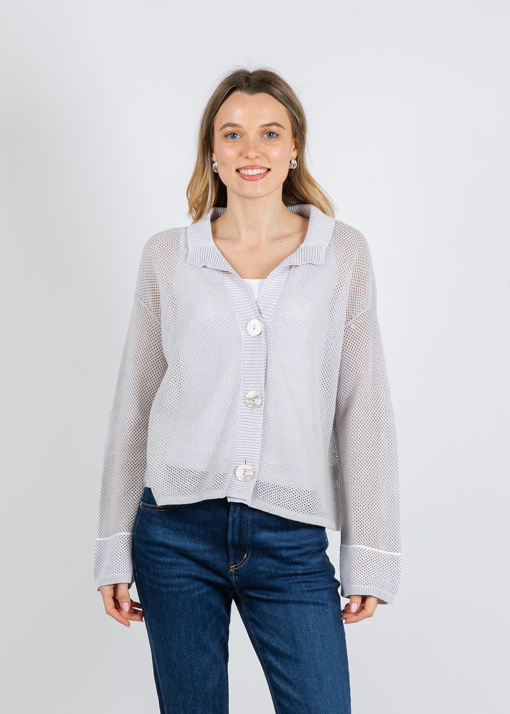 Olivia by Habitat Mesh Stitch Stay Centered Cardigan in Sand available at Barbara Katz