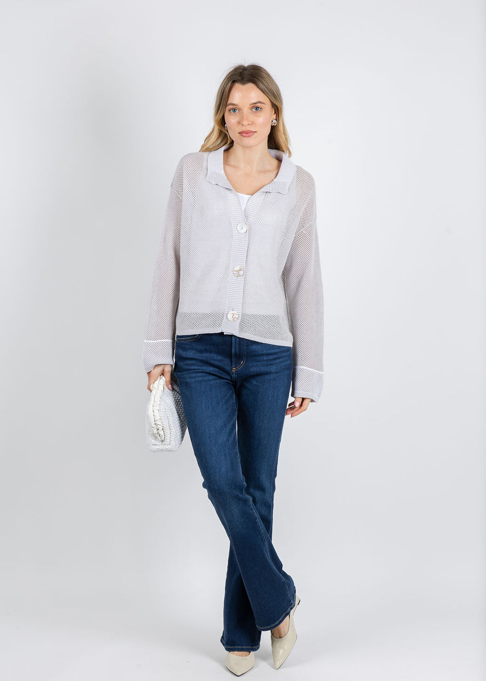 Olivia by Habitat Mesh Stitch Stay Centered Cardigan in Sand available at Barbara Katz