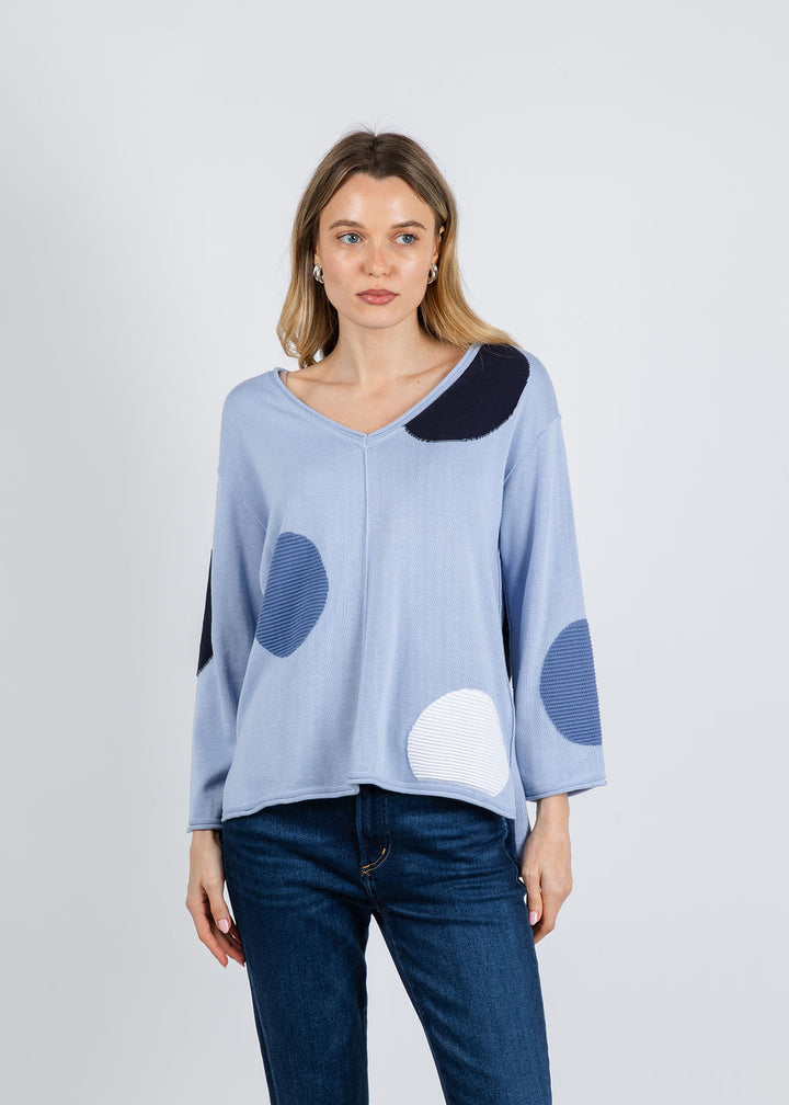 Olivia by Habitat Mixed Dot V-Neck Sweater in Rain available at Barbara Katz