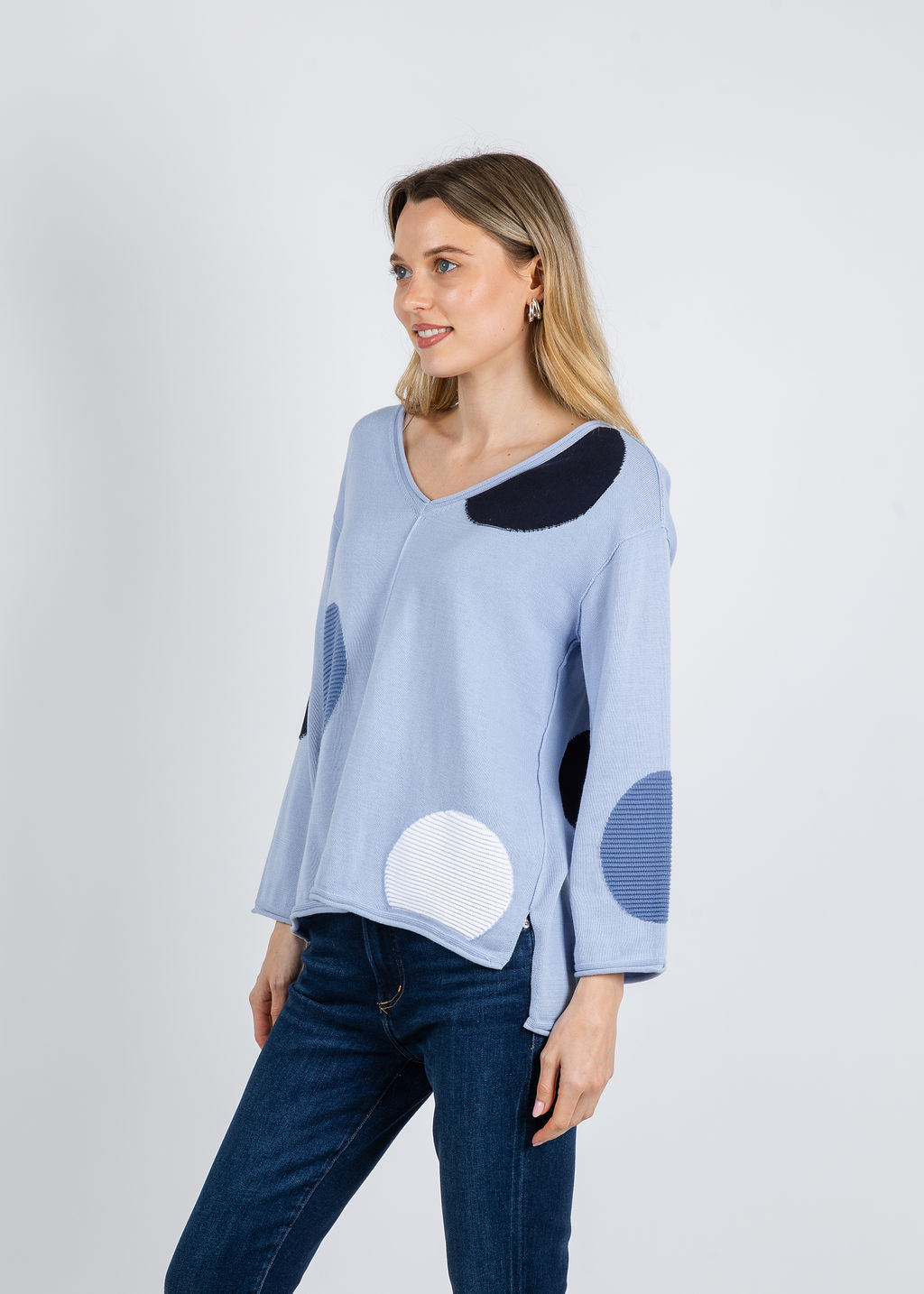 Olivia by Habitat Mixed Dot V-Neck Sweater in Rain available at Barbara Katz