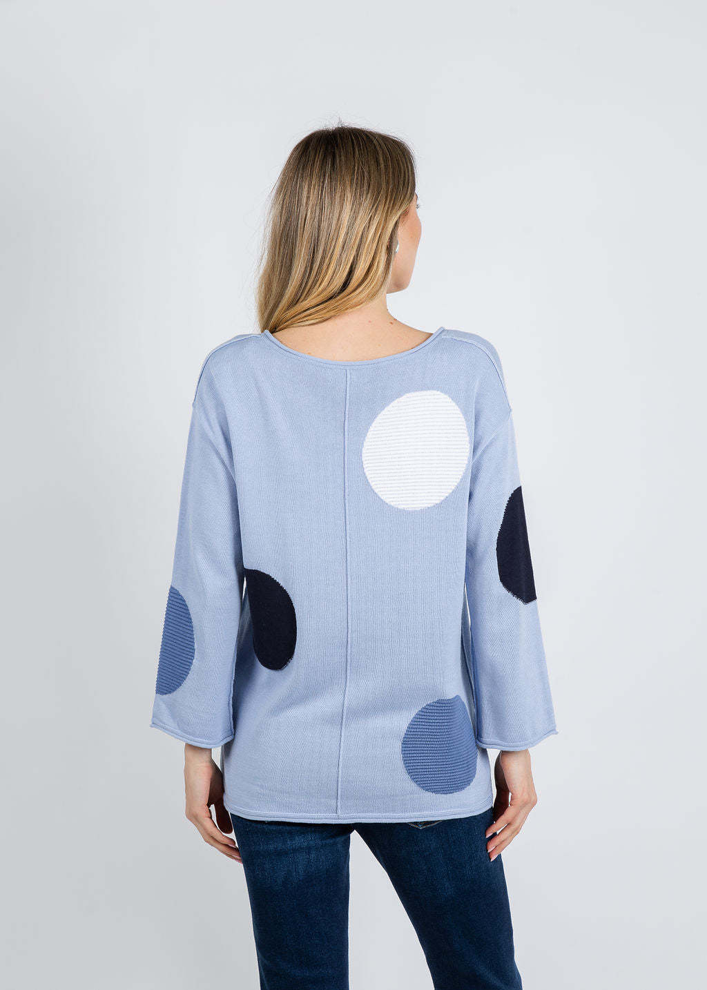 Olivia by Habitat Mixed Dot V-Neck Sweater in Rain available at Barbara Katz