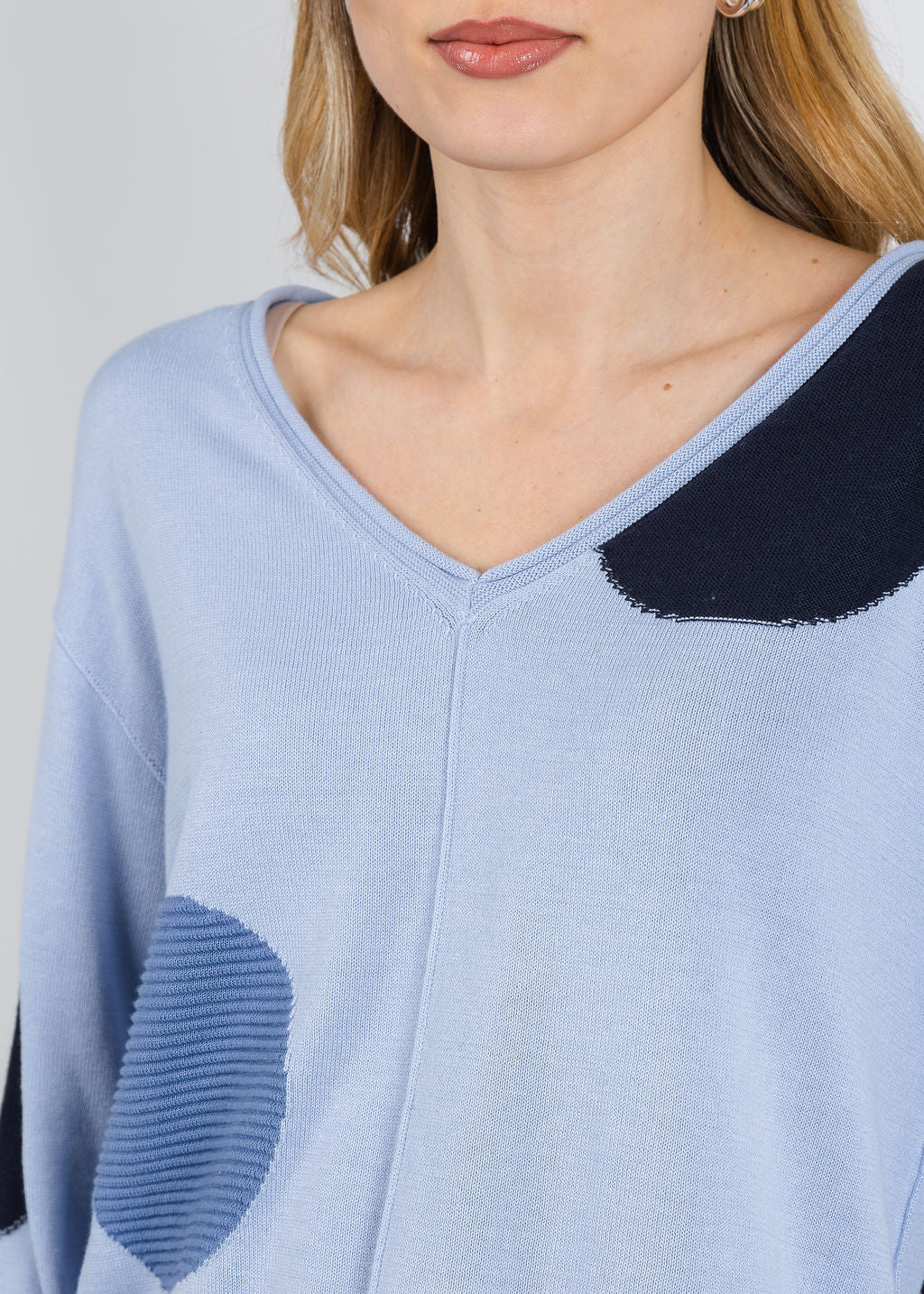 Olivia by Habitat Mixed Dot V-Neck Sweater in Rain available at Barbara Katz