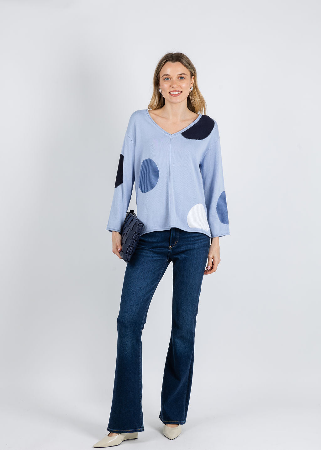 Olivia by Habitat Mixed Dot V-Neck Sweater in Rain available at Barbara Katz