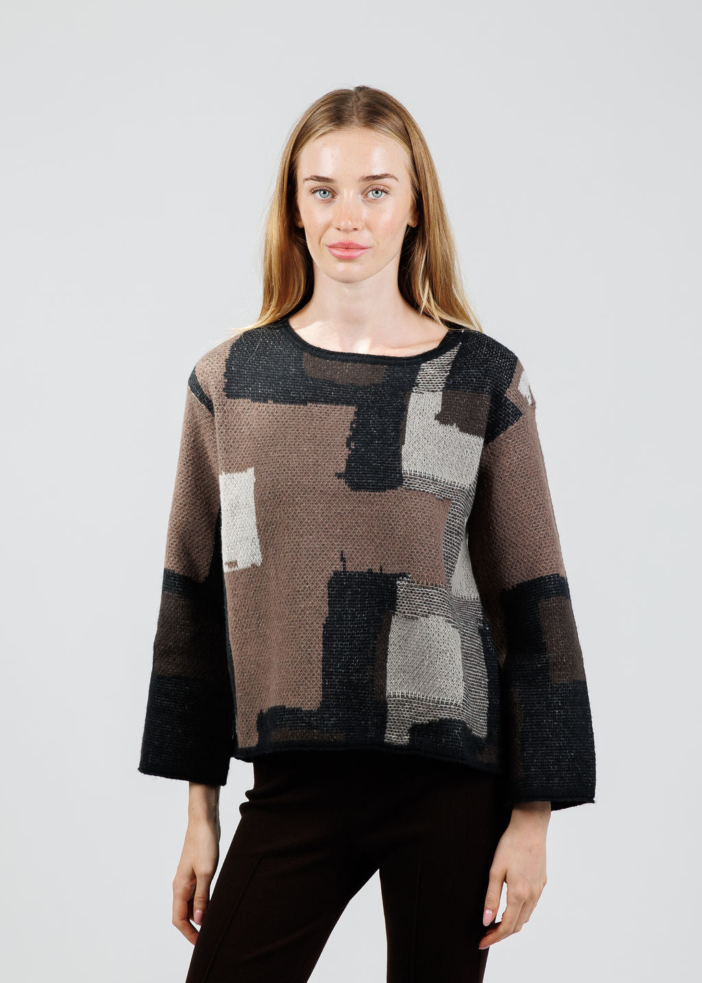 Olivia by Habitat Modern Collage Swing Pullover Sweater in Coffee available at Barbara Katz