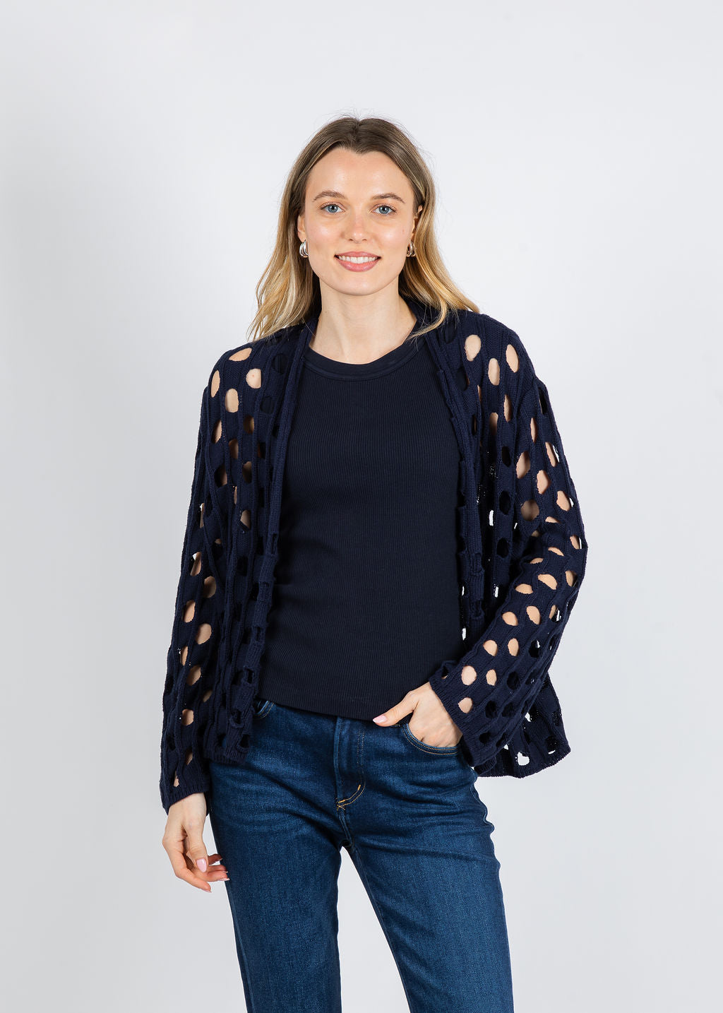 Olivia by Habitat Open Weave Layering Cardigan in Navy available at Barbara Katz