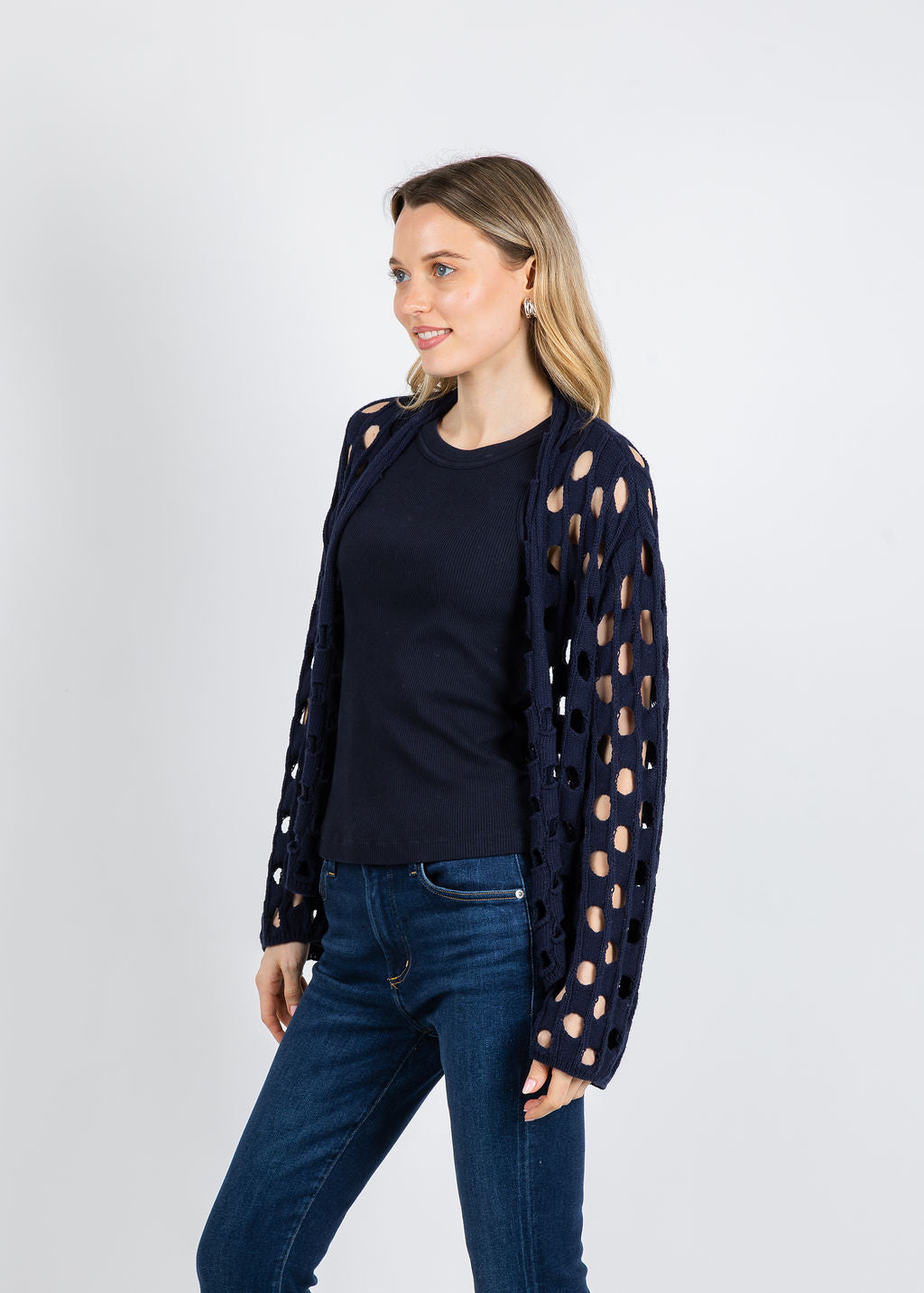 Olivia by Habitat Open Weave Layering Cardigan in Navy available at Barbara Katz